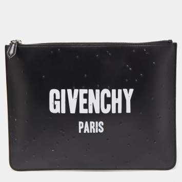 Pre Owned Givenchy Black/Logo  Leather Distressed Logo Zip Pouch