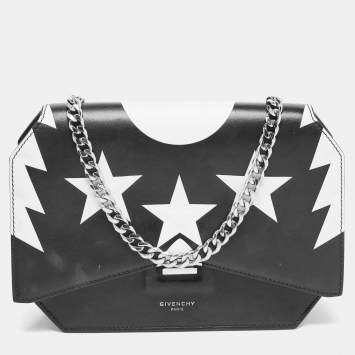 Pre Owned Givenchy Black/White Leather Star Bow Cut Flap Crossbody Bag