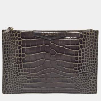 Pre Owned Givenchy Grey Croc Embossed Leather Medium Antigona Pouch