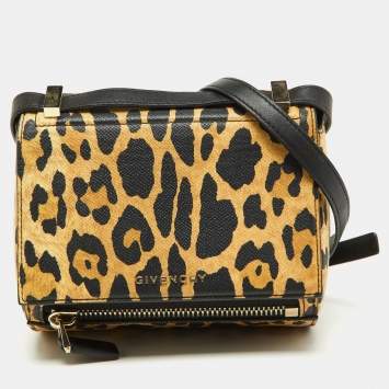 Pre Owned Givenchy Brown/Black Leopard Print Leather Mini Pandora Crossbody Bag