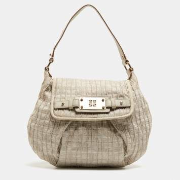Pre Owned Givenchy Off-White/Gold Monogram Canvas And Leather Flap Hobo