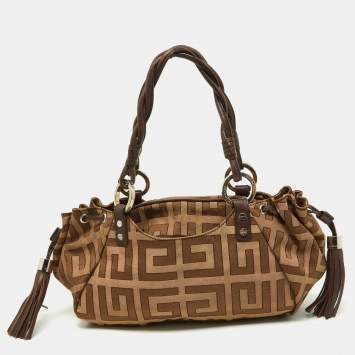 Pre Owned Givenchy Beige/Brown Monogram Canvas and Leather Drawstring Hobo