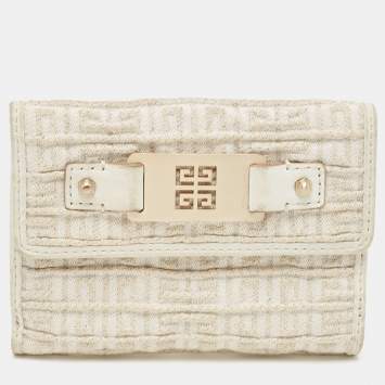 Pre Owned Givenchy Off White/Gold Monogram Canvas Compact Wallet