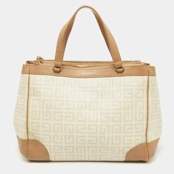 Pre Owned Givenchy Beige/Cream Monogram Coated Canvas and Leather Double Zip Tote