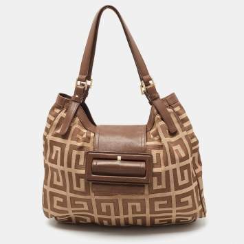 Pre Owned Givenchy Brown/Beige Monogram Canvas and Leather Buckle Flap Hobo