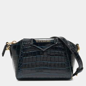 Pre Owned Givenchy Blue Croc Embossed Leather Nano Antigona Crossbody Bag