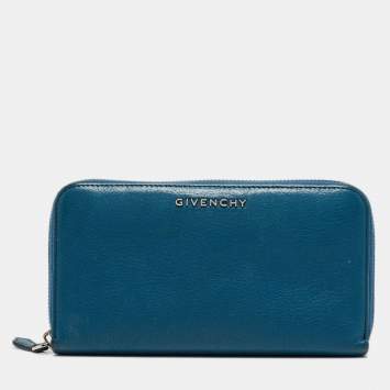 Pre Owned Givenchy Blue Leather Logo Zip Around Continental Wallet