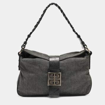 Pre Owned Givenchy Grey/Black Denim and Croc Embossed Leather Shoulder Bag