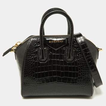 Pre Owned Givenchy Black Glossy Croc Embossed Leather Mini Antigona Satchel
