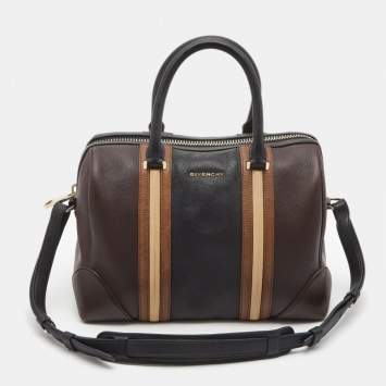Pre Owned Givenchy Dark Brown Leather Striped Lucrezia Duffel Bag