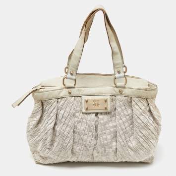 Pre Owned Givenchy Gold/Cream Textured Canvas and Leather Logo Hobo