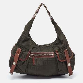 Pre Owned Givenchy Green/Brown Monogram Nylon and Leather Multiple Pocket Hobo
