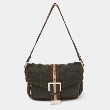 Pre Owned Givenchy Green/Brown Monogram Fabric Buckle Flap Baguette Bag