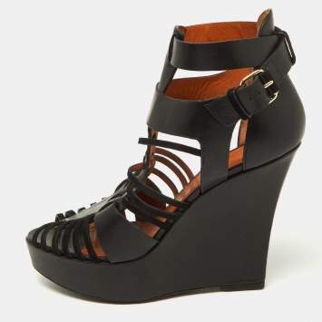 Pre Owned Givenchy Black Suede and Leather Wedge Platform Ankle Strap Sandals Size 39