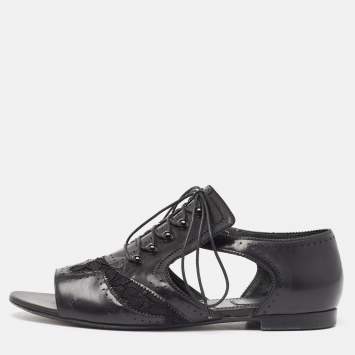 Pre Owned Givenchy Black Leather and Mesh Cutout Flats Size 40   