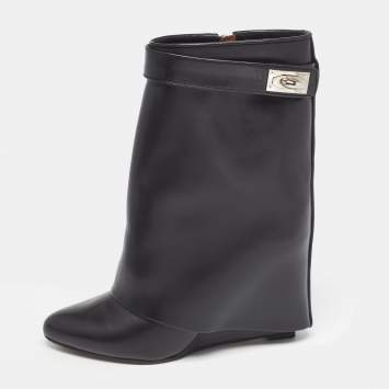 Pre Owned Givenchy Black Leather Shark Lock Ankle Length Boots Size 37
