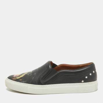 Pre Owned Givenchy Black Leather Printed Rottweiler Slip On Sneakers Size 38