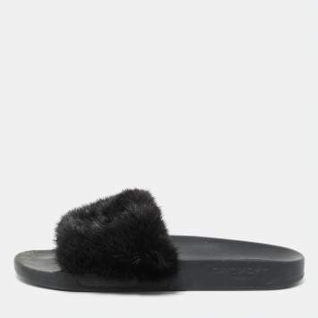 Pre Owned Givenchy Black Mink Fur Flat Slides Size 41