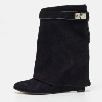 Pre Owned Givenchy Black Suede Shark Lock Mid Calf Boots Size 39