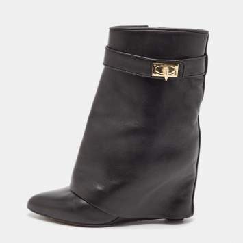 Pre Owned Givenchy Black Leather Shark Lock Ankle Length Boots Size 38.5