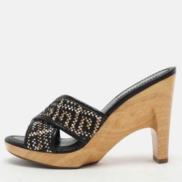 Pre Owned Givenchy Multicolor Woven Fabric and Leather Criss Cross Slide Sandals Size 36