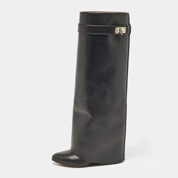 Pre Owned Givenchy Black Leather Shark Lock Wedge Knee High Boots Size 38