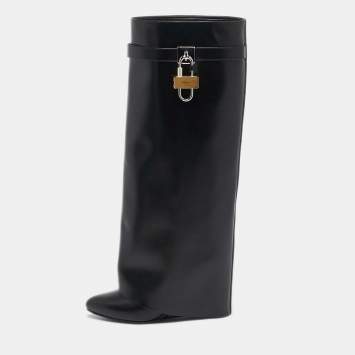 Pre Owned Givenchy Black Leather Shark Lock Knee Length Boots Size 38