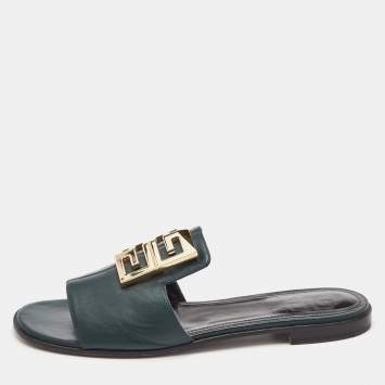 Pre Owned Givenchy Dark Green Leather 4G Flat Slides Size 40