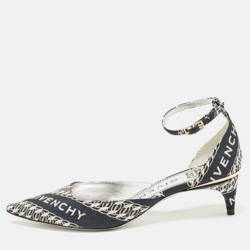 Pre Owned Givenchy Navy Blue/White Canvas Pointed Toe Ankle Strap Pumps Size 35