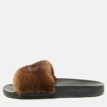 Pre Owned Givenchy Brown Mink Fur Pool Slide Sandals Size 36