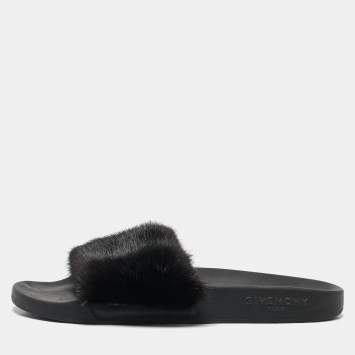Pre Owned Givenchy Black Mink Fur Flat Slides Size 39