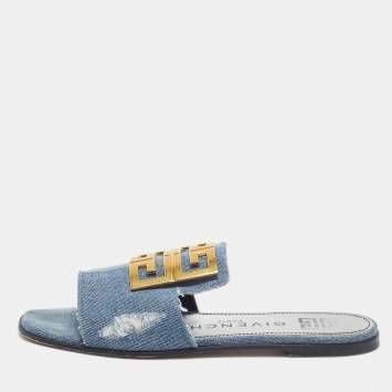 Pre Owned Givenchy Blue Denim 4G Flat Slides Size 38
