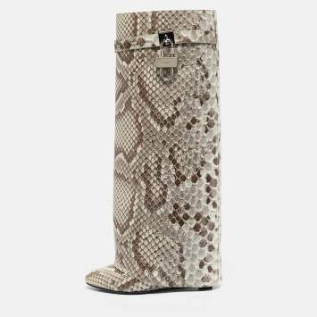 Givenchy Brown/Cream Python Embossed Leather Shark Tooth Knee Length Boots Size 39