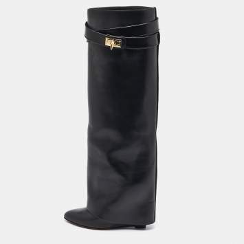 Pre Owned Givenchy Black Leather Shark Lock Fold Over Knee Length Boots Size 36