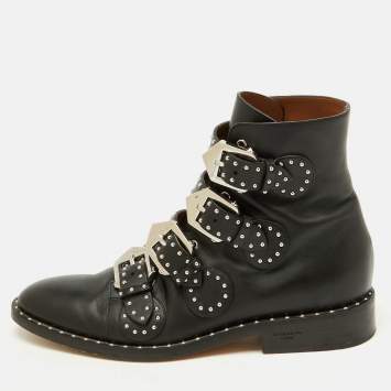 Givenchy Black Leather Studded Buckle Detail Ankle Boots Size 38