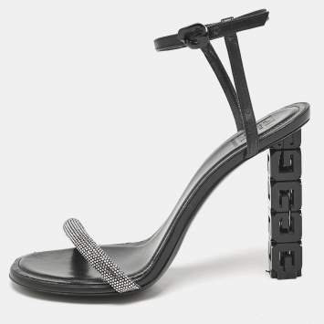 Givenchy Black Leather G Cube Crystal Embellished Heel Ankle Strap Sandals Size 41
