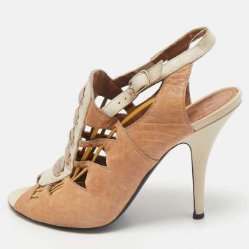 Pre Owned Givenchy Brown/White Leather Open Toe Slingback Pumps Size 38