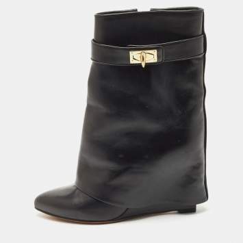 Givenchy Black Leather Shark Lock Wedge Ankle Length Boots Size 38
