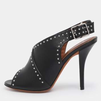 Pre Owned Givenchy Black Studded Leather Peep Toe Slingback Sandals Size 35.5