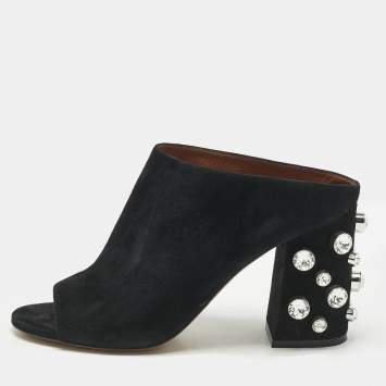 Pre Owned Givenchy Black Suede Crystal Embellished Block Heel Mules Size 40