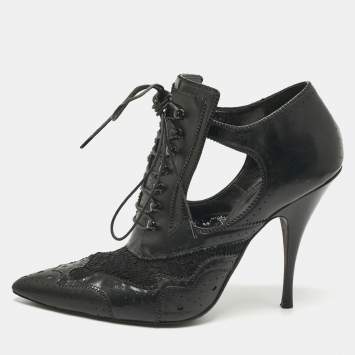 Pre Owned Givenchy Black Leather And Lace Pointed Toe Ankle Boots Size 40