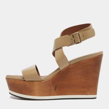 Pre Owned Givenchy Beige Leather Platform Wedge Sandals Size 39.5