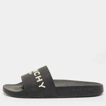 Pre Owned Givenchy Black Rubber Logo Pool Slides Size 38