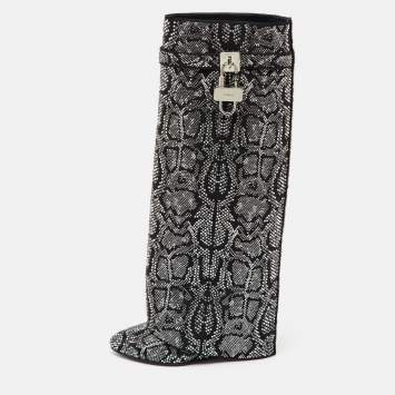 Pre Owned Givenchy Black Satin Snake Effect Crystal Embellished Shark Lock Knee Length Boots Size 38