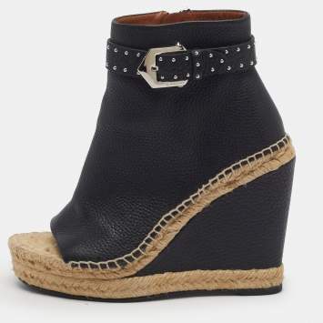 Pre Owned Givenchy Size 38.5 Black Leather Ankle Wedge Length Boots