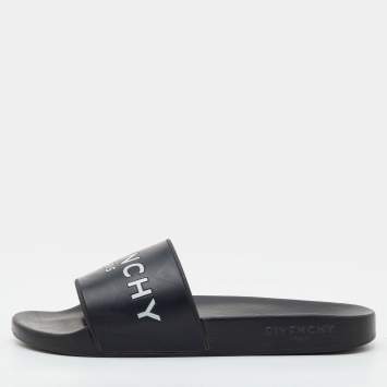 Pre Owned Givenchy Size 40 Black Rubber Logo Flat Slide Sandals