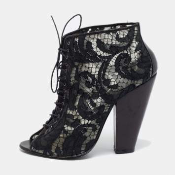 Pre Owned Givenchy Size 38 Black Lace Peep Toe Ankle Boots