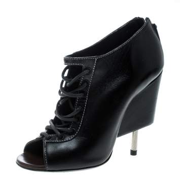 Pre Owned Givenchy Black Leather Nissa Screw Heel Open Toe Lace Up Booties Size 36
