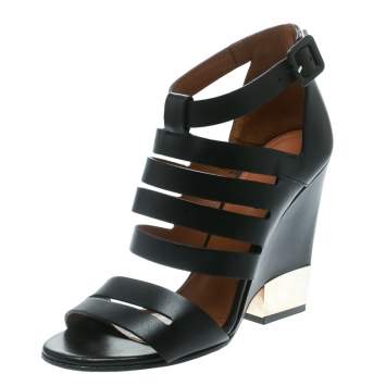 Pre Owned Givenchy Black Leather Wedge Sandals Size 35