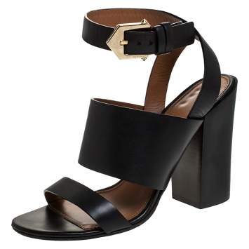 Pre Owned Givenchy Black Leather Ankle Strap Block Heel Sandals Size 39.5